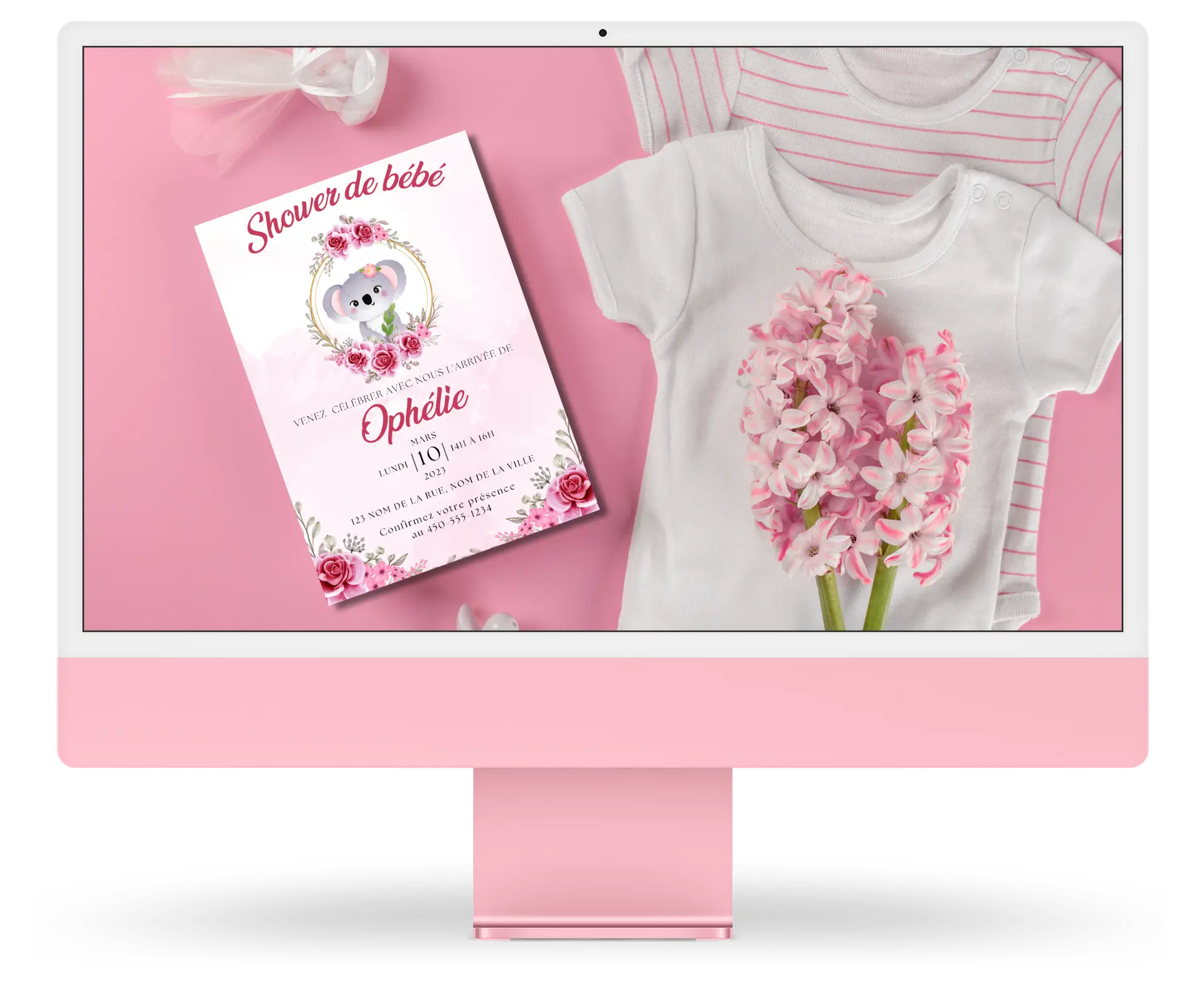 Carte d’invitation florale pour shower de bébé avec illustration de koala — création personnalisée signée NBAV par Nadia Beauvais, artiste virtuelle à Laval et partout à travers le Québec