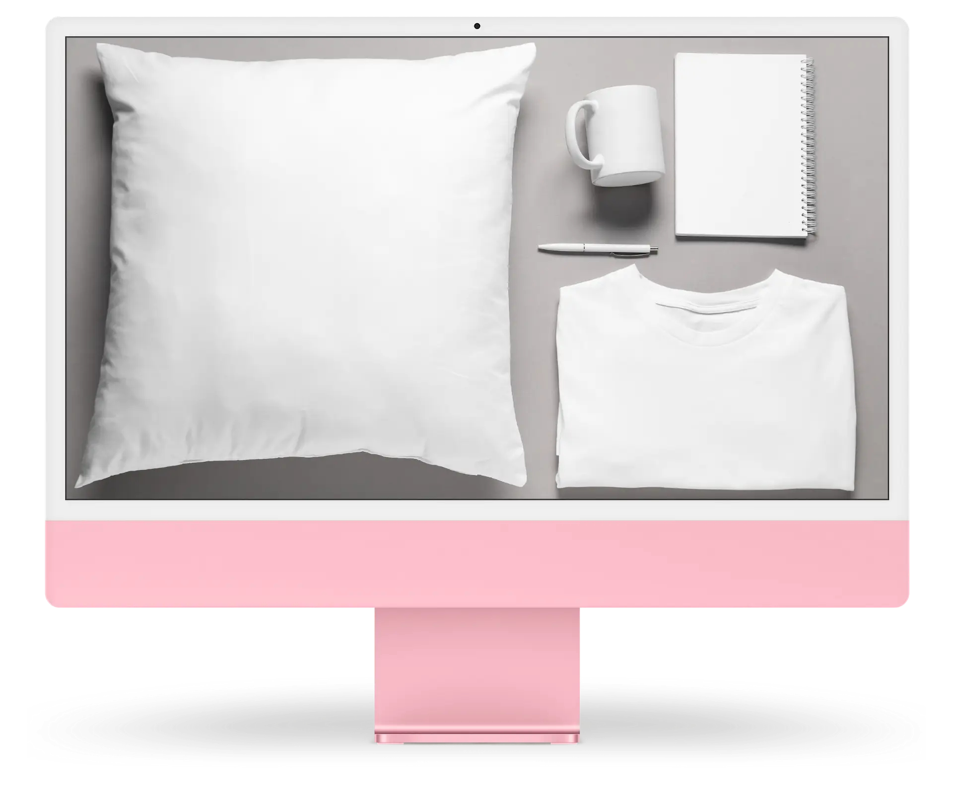 Produits promotionnels personnalisés — coussin, tasse, t-shirt, carnet et stylo disposés sur fond gris, créations possibles avec NBAV par Nadia Beauvais, artiste virtuelle à Laval et partout à travers le Québec