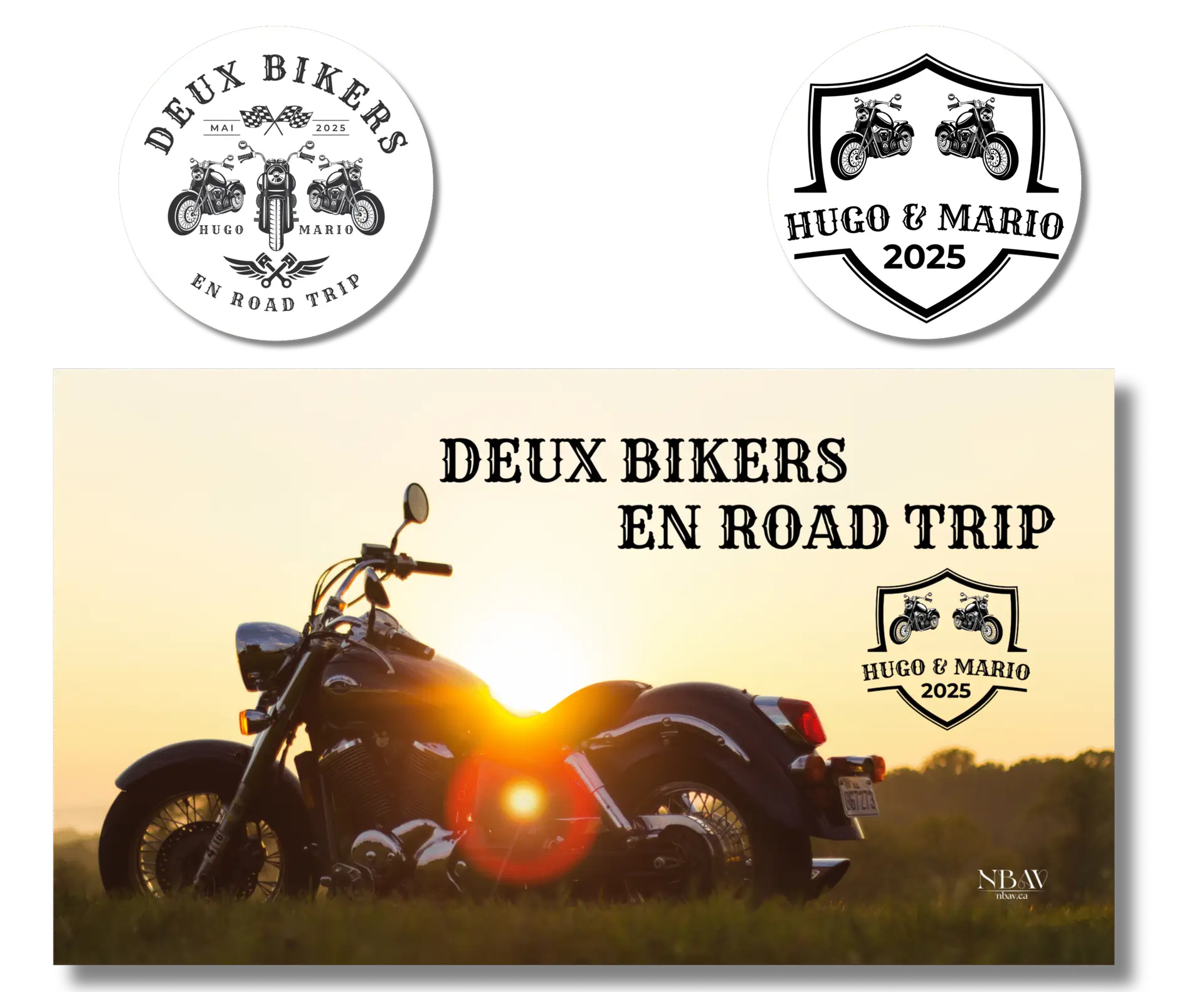 Créations personnalisées : deux logos pour autocollants et une couverture Facebook conçus pour un duo en roadtrip moto à travers les États-Unis et le Canada